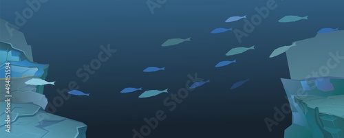 Fish school at the bottom of the ocean. Underwater wild life. Deep sea dsfk landscape. Rocky cliffs. Natural landscape. Illustration in cartoon style flat design. Vector