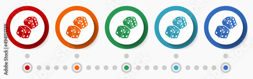 Two dices, casino concept vector icon set, flat design colorful buttons, infographic template in 5 color options