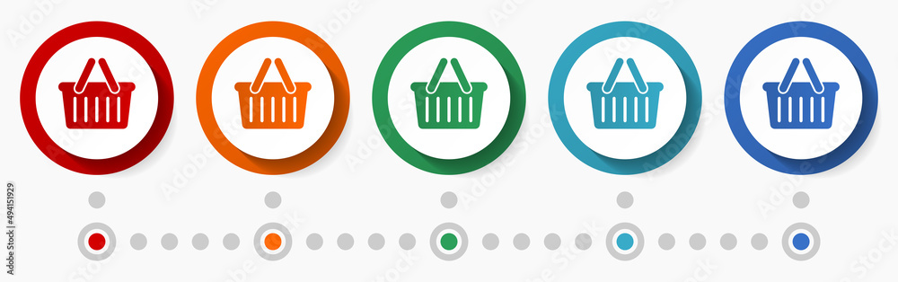 Basket, shop concept vector icon set, flat design colorful buttons, infographic template in 5 color options Basket, shop concept vector icon set, flat design colorful buttons, infographic template in 5 color options