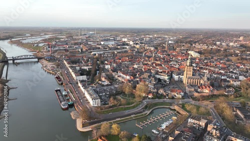 Zutphen and the river Ijsel, train station stores and buildings church old historic city center in The Netherlands, Gelderland, Europe. Holland photo