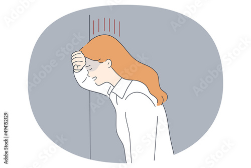 Depression grief and unhappiness concept. Young sad unhappy woman standing crying pushing face to wall feeling depressed vector illustration 