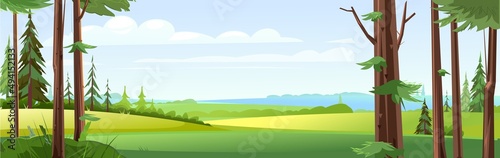 Panoramic view from the coniferous forest to rural fields.. Beautiful summer landscape with trees. Green pines and ate. Illustration in cartoon style flat design. Vector