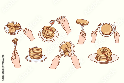 Set of person eating fluffy pancakes with butter, banana and maple syrup. Collection of woman enjoy tasty American breakfast at home. Cafe or restaurant menu. Vector illustration. 