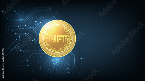 Non fungible token coin concept.NFT coin design in circuit board style for pay unique collectibles in games.Crypto currency concept. Vector Illustration.