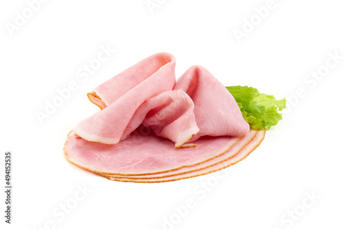 Sliced boiled ham, isolated on white background.