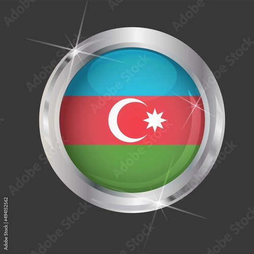 Free Download Flag of Azerbaijan in circle. 3D effect. Glossy and shiny button with metal frame and sparkles. Light reflection. Round Graphic design element. Isolated on gray background. Vector image EPS 10.  - GFXLoad