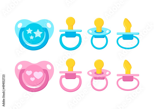 Pacifier baby dummy soother with nipple vector icon set isolated on white background. Signs of newborn pacifiers baby dummies -  pink and blue and orthodontic binky. Flat design cartoon illustration