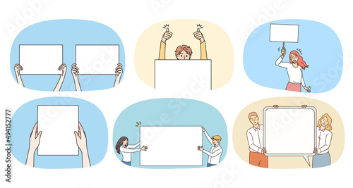 Collection of diverse people hold empty banners with copy space for advertising. Set of men and women show mockup white placards or posters for ad. Copyspace. Vector illustration. 