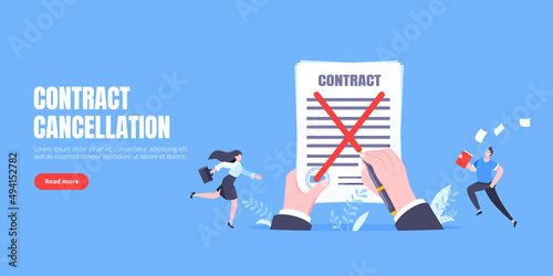 Contract cancellation business concept. Terminated tearing contract paper sheet breach flat style design vector illustration. Business people running toward giant hands with tearing contract papers.