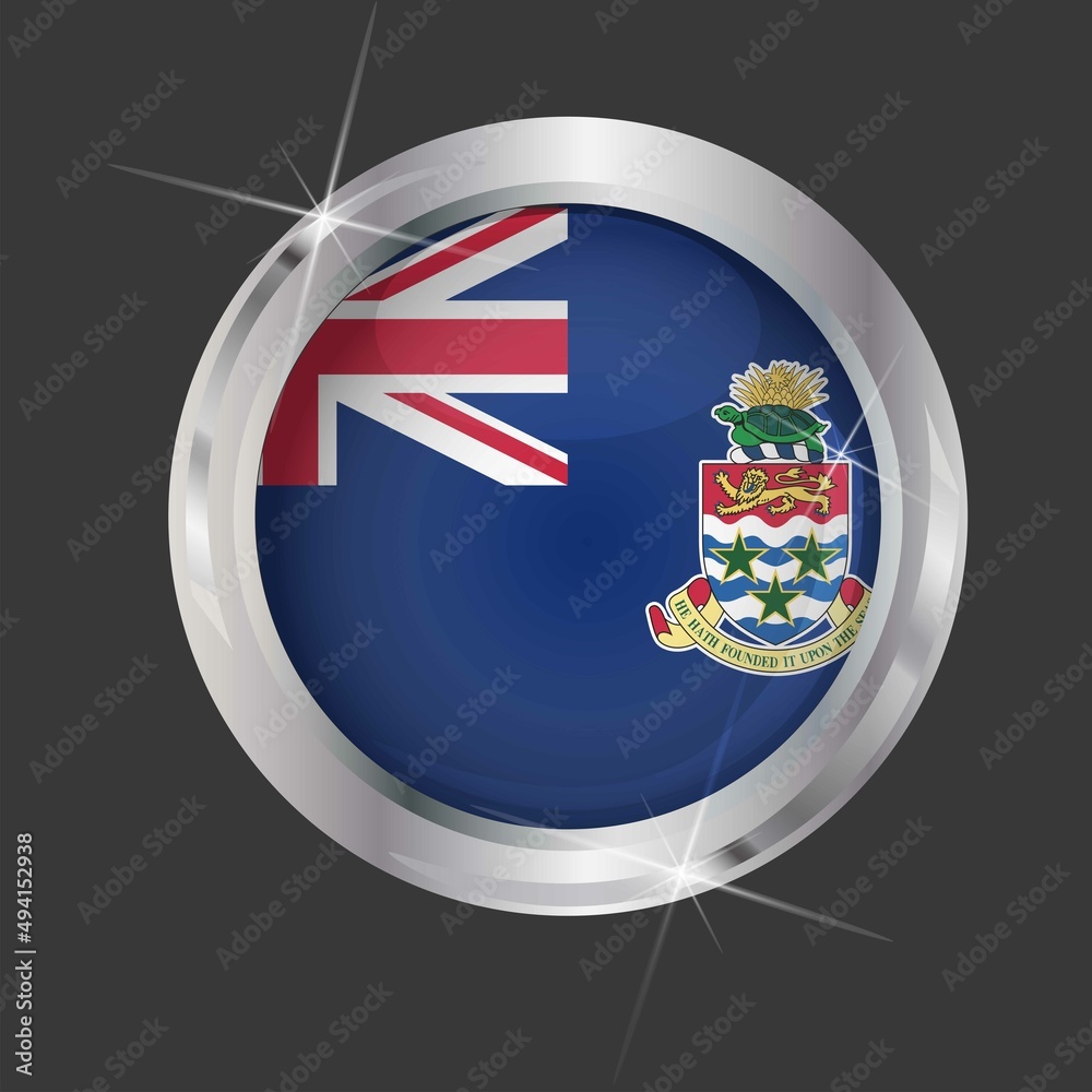 Flag of Cayman Islands in circle. 3D effect. Glossy and shiny button with metal frame and sparkles. Light reflection. Round Graphic design element. Isolated on gray background. Vector image EPS 10. Flag of Cayman Islands in circle. 3D effect. Glossy and shiny button with metal frame and sparkles. Light reflection. Round Graphic design element. Isolated on gray background. Vector image EPS 10.