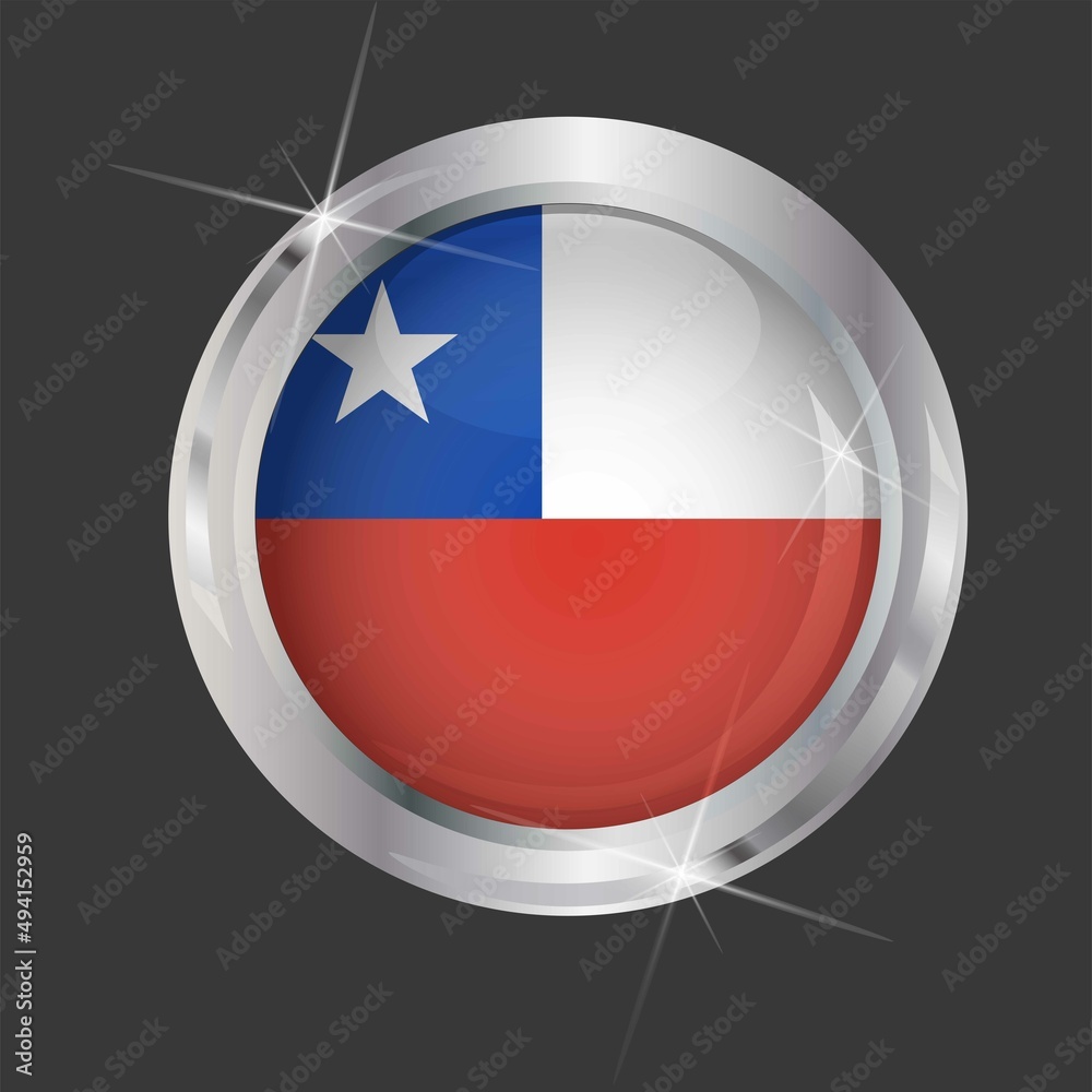 Flag of Chile in circle. 3D effect. Glossy and shiny button with metal frame and sparkles. Light reflection. Round Graphic design element. Isolated on gray background. Vector image EPS 10. Flag of Chile in circle. 3D effect. Glossy and shiny button with metal frame and sparkles. Light reflection. Round Graphic design element. Isolated on gray background. Vector image EPS 10.