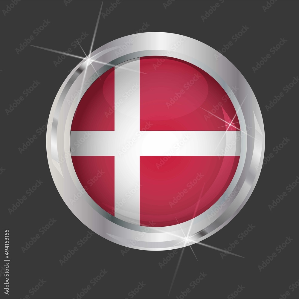 Obraz premium Flag of Denmark in circle. 3D effect. Glossy and shiny button with metal frame and sparkles. Light reflection. Round Graphic design element. Isolated on gray background. Vector image EPS 10. 
