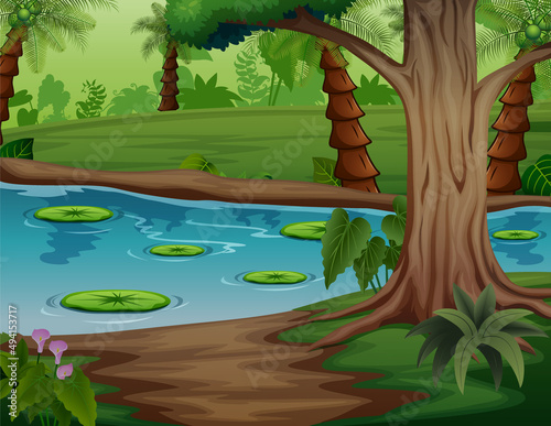 Illustration of lake landscape with lotus near a palm forest