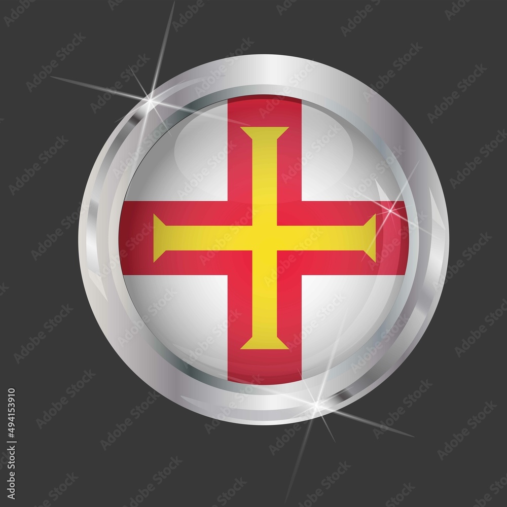 Flag of Guernsey in circle. 3D effect. Glossy and shiny button with metal frame and sparkles. Light reflection. Round Graphic design element. Isolated on gray background. Vector image EPS 10. Flag of Guernsey in circle. 3D effect. Glossy and shiny button with metal frame and sparkles. Light reflection. Round Graphic design element. Isolated on gray background. Vector image EPS 10.