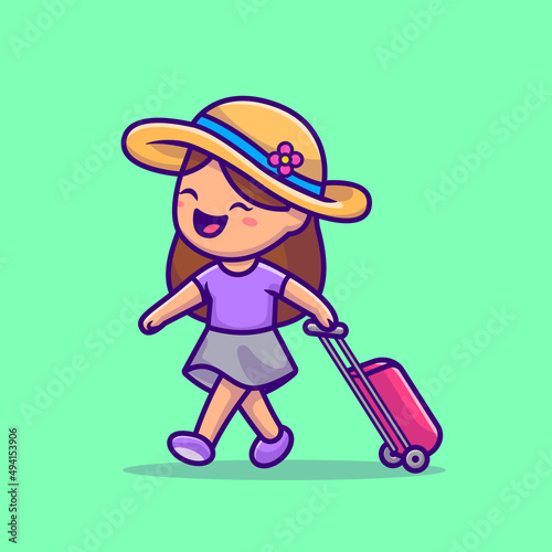 Cute Girl Traveling Cartoon Vector Icon Illustration. People Holiday Icon Concept Isolated Premium Vector. Flat Cartoon Style