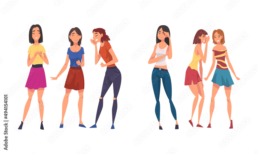 Cheerful smiling girls gossiping set. Girls standing together and talking cartoon vector illustration