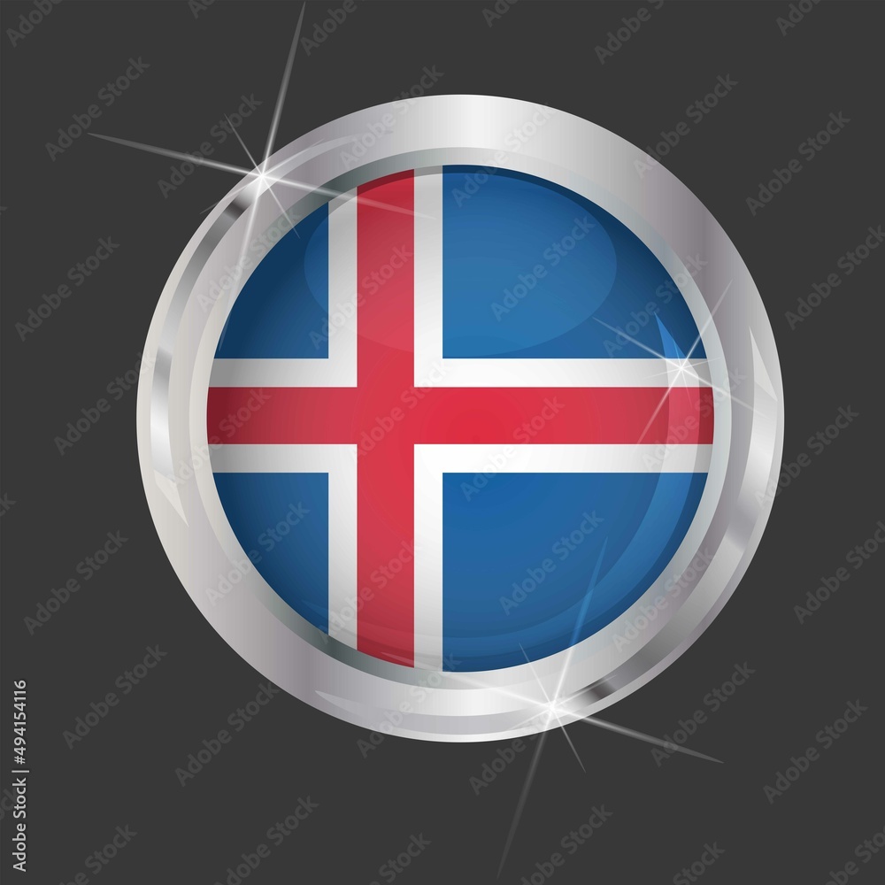 Fototapeta premium Flag of Iceland in circle. 3D effect. Glossy and shiny button with metal frame and sparkles. Light reflection. Round Graphic design element. Isolated on gray background. Vector image EPS 10. 