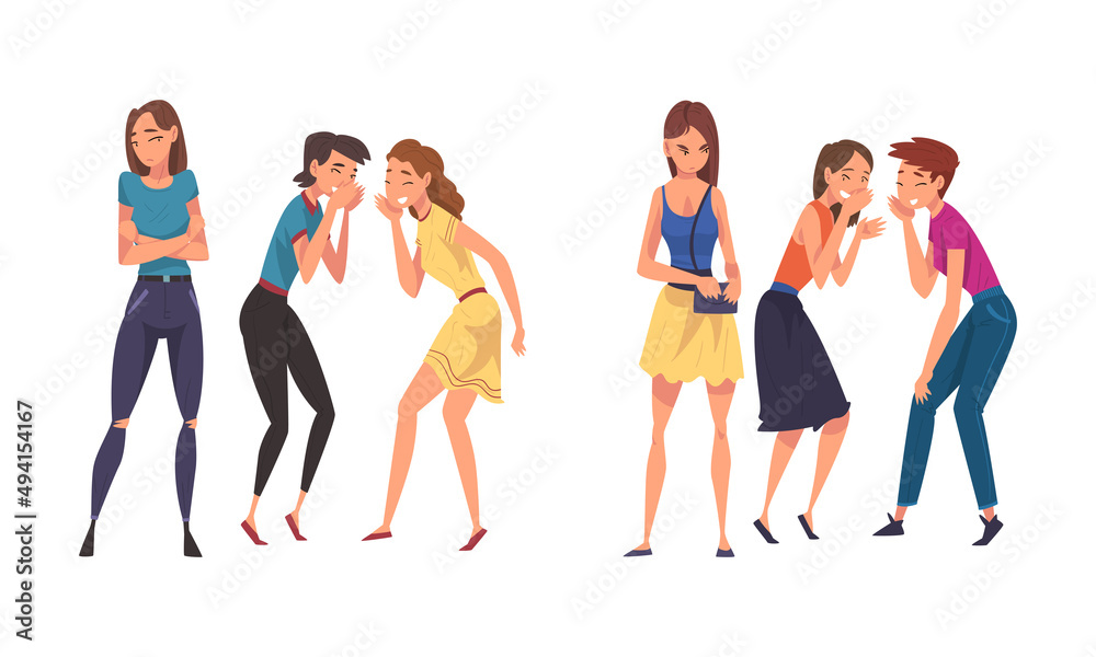 Girls gossiping and spreading rumors behind passing girls set cartoon