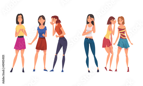 Cheerful smiling girls gossiping set. Girls standing together and talking cartoon vector illustration