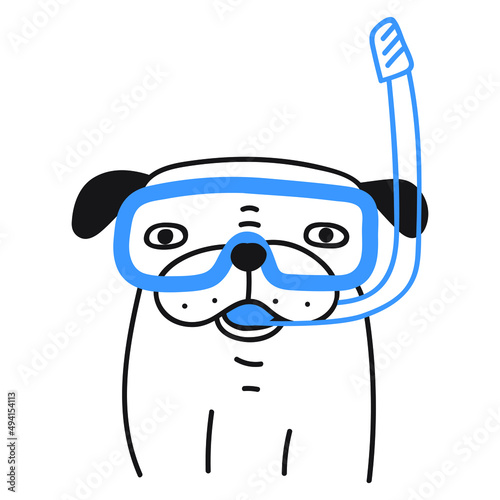 Dog ready for swimming. Diving mask. Vector outline illustration on white background. 