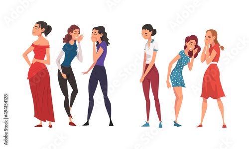 Excited girls gossiping behind stressed girls set cartoon vector illustration
