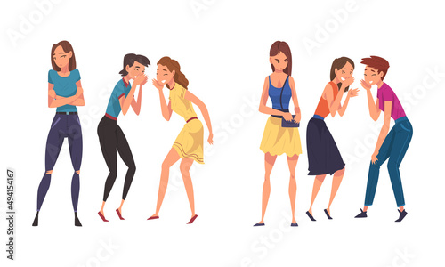 Girls gossiping and spreading rumors behind passing girls set cartoon vector illustration