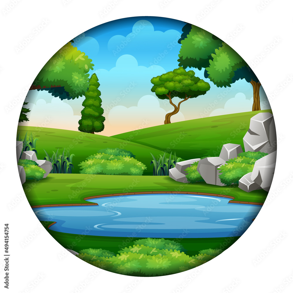 A small pond in nature on a round frame
