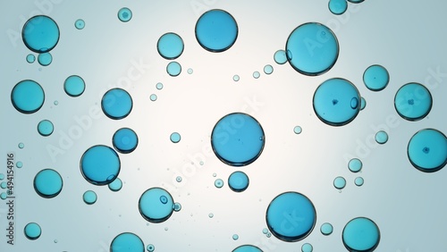 Macro shot of blue oil drops floating in liquid  Shot of skin care serum with hyaluronic acid for its commercial