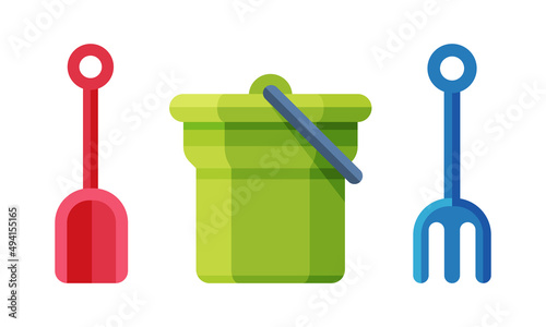 Baby toys set. Plastic bucket, scoop and rake cartoon vector illustration