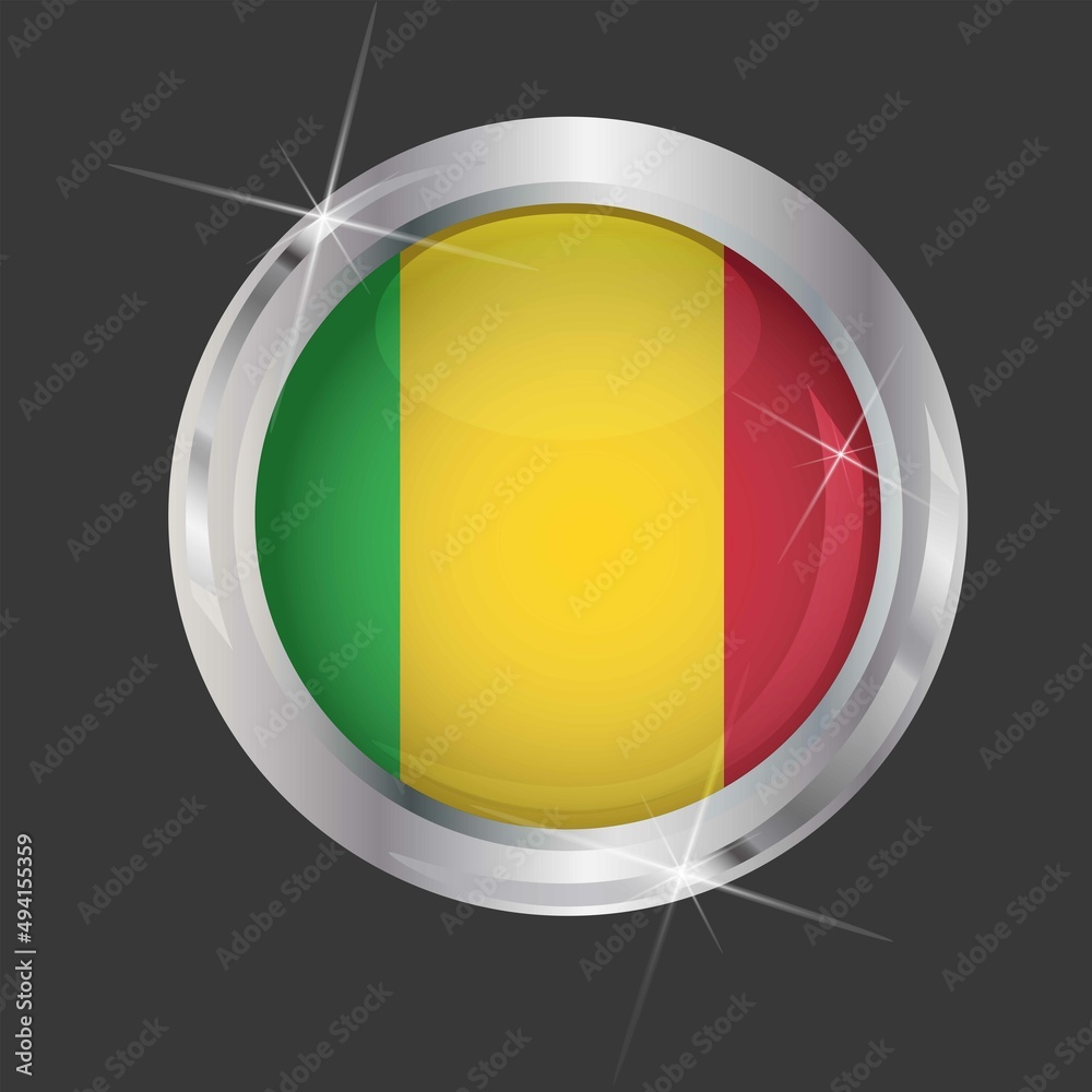 Fototapeta premium Flag of Mali in circle. 3D effect. Glossy and shiny button with metal frame and sparkles. Light reflection. Round Graphic design element. Isolated on gray background. Vector image EPS10