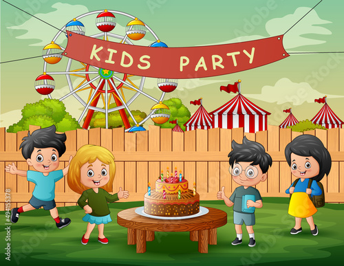 Cartoon the children at a birthday party in the backyard