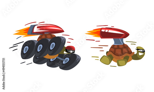 Fast turtles set. Funny tortoise with turbo speed booster cartoon vector illustration