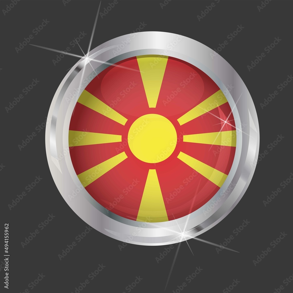Flag of North Macedonia in circle. 3D effect. Glossy and shiny button with metal frame and sparkles. Light reflection. Round Graphic design element. Isolated on gray background. Vector image EPS10 Flag of North Macedonia in circle. 3D effect. Glossy and shiny button with metal frame and sparkles. Light reflection. Round Graphic design element. Isolated on gray background. Vector image EPS10