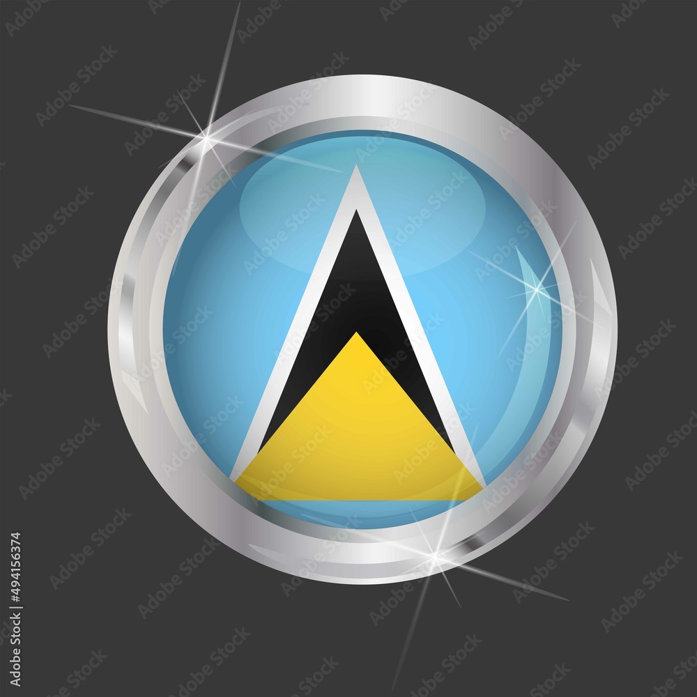 Flag of Saint Lucia in circle. 3D effect. Glossy and shiny button with metal frame and sparkles. Light reflection. Round Graphic design element. Isolated on gray background. Vector image EPS10 Flag of Saint Lucia in circle. 3D effect. Glossy and shiny button with metal frame and sparkles. Light reflection. Round Graphic design element. Isolated on gray background. Vector image EPS10