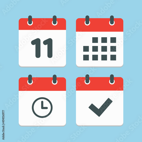 Icons calendar number 11, agenda app, timer, done