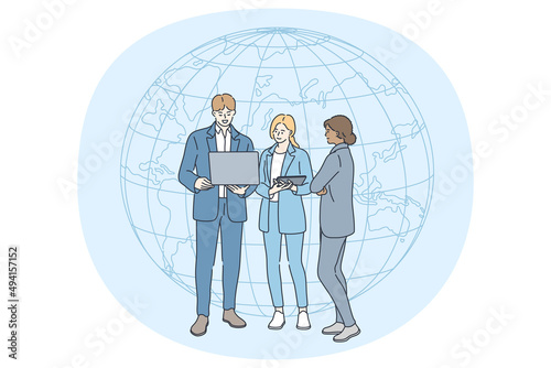 Global business and partnership concept. Group of young positive mixed race business people standing discussing project together vector illustration 
