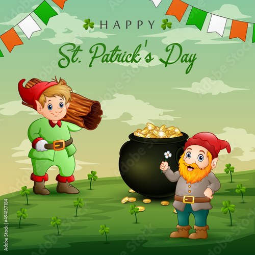 Happy St Patrick's Day background with two cute dwarfs