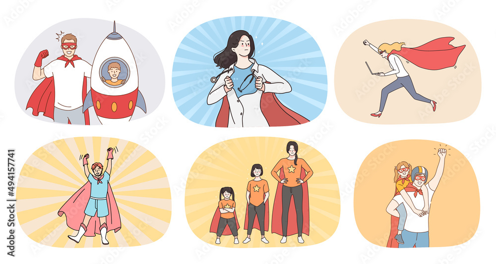 Set of diverse people in superhero costumes show strength and power. Collection of men and women act as heroes demonstrate motivation and leadership. Winner and victory. Vector illustration. 