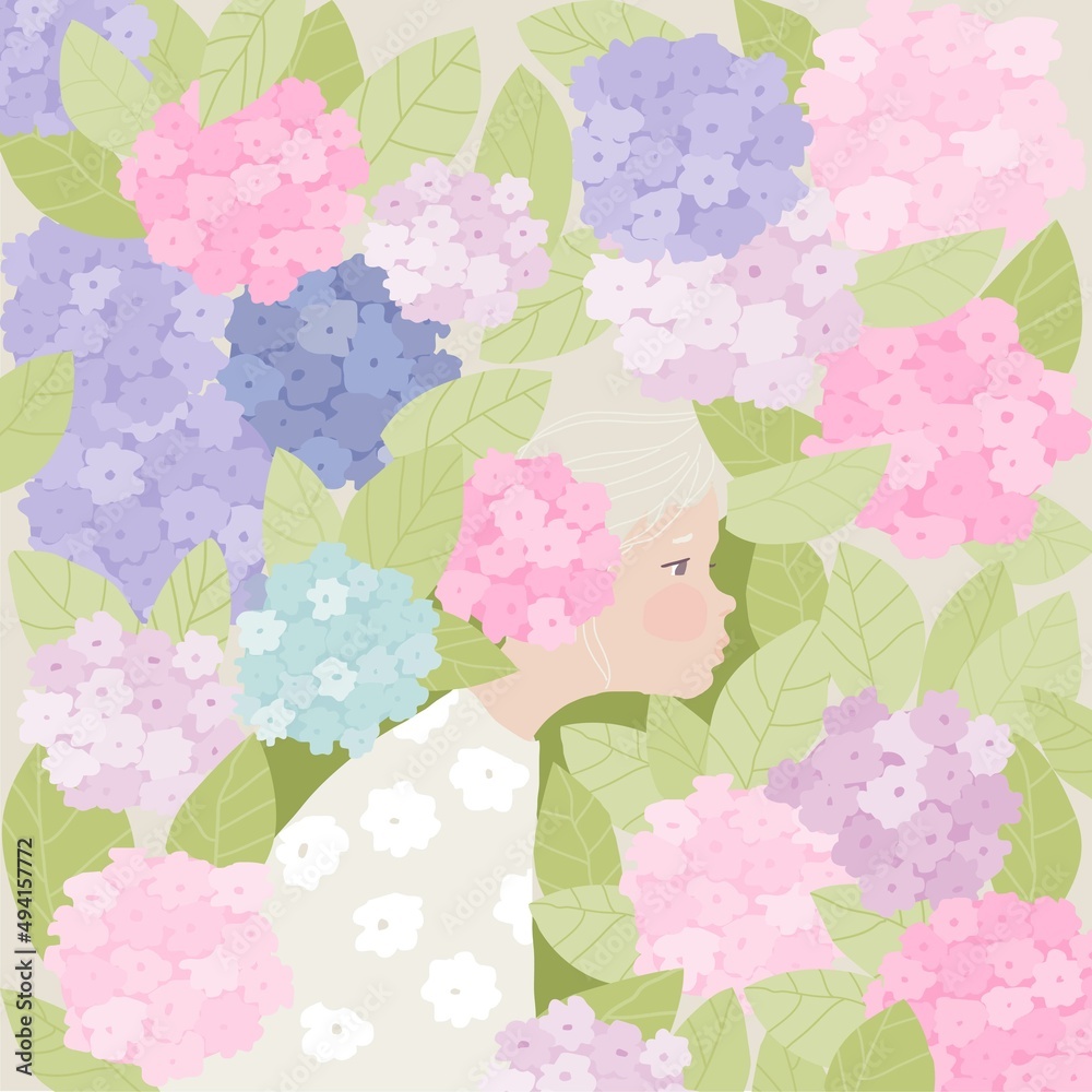 Beautiful Cartoon Girl standing in Hydrangea Flowers
