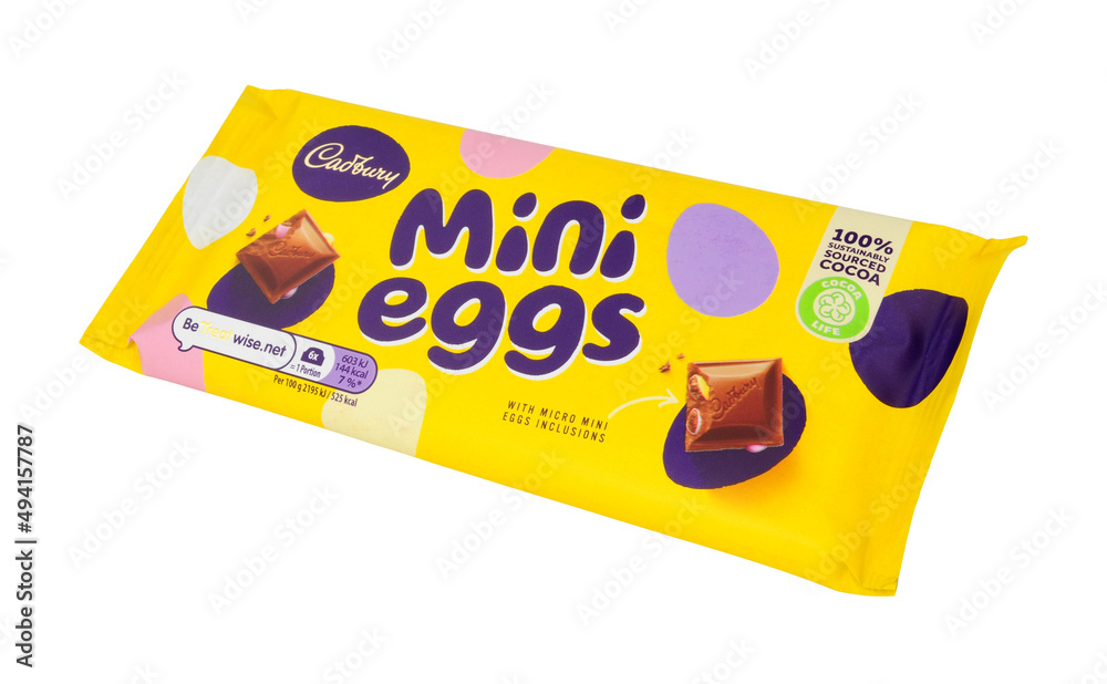 Cadbury mini eggs chocolate bar, milk chocolate with micro mini eggs inclusions Stock Photo