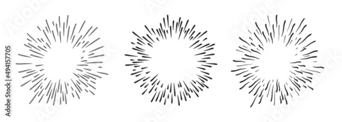 3 Hand drawn starburst doodle explosion vector illustration set isolated on white background. Retro vintage design sun rays or fireworks radial elements of shine hipster arts.