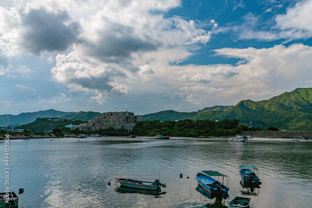 small fishing boats on the sea in Hong Kong Lamma Island.