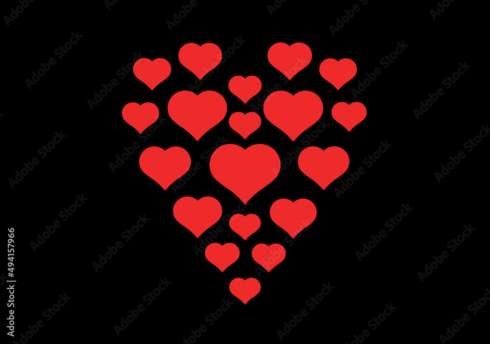 Red hearts form a big heart on a black background. Illustration for love, valentine's day,...