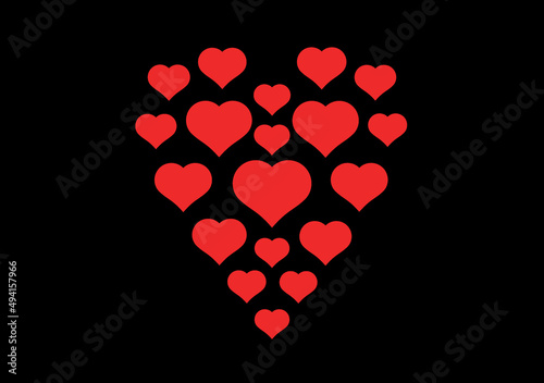 Red hearts form a big heart on a black background. Illustration for love, valentine's day,...