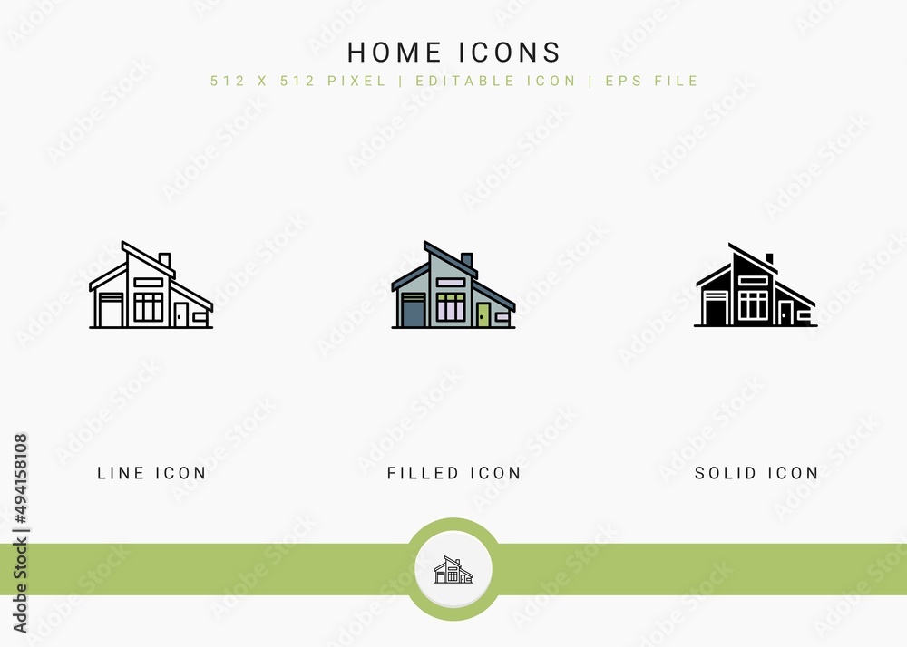 Home icons set vector illustration with solid icon line style. City building concept. Editable stroke icon on isolated background for web design, user interface, and mobile app
