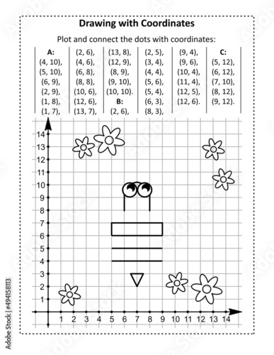 Coordinate graphing, or drawing by coordinates, math worksheet with honey bee: Reveal the mystery picture by plotting and connecting the dots with given coordinates.
