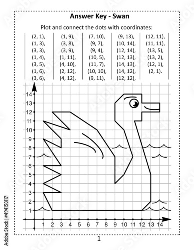 This is answer key page for coordinate graphing, or drawing by coordinates, math worksheet with swan
