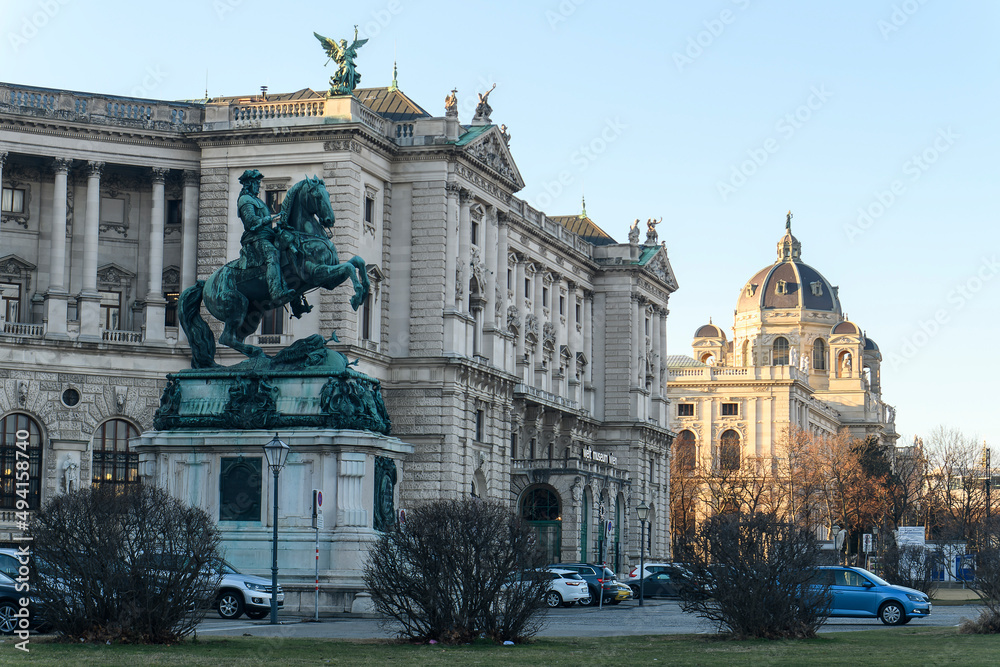 Fototapeta premium Prinz Eugen von Savoyen monument on Heldenplatz square in front of Neue Burg section of Hofburg Palace, Vienna, Austria