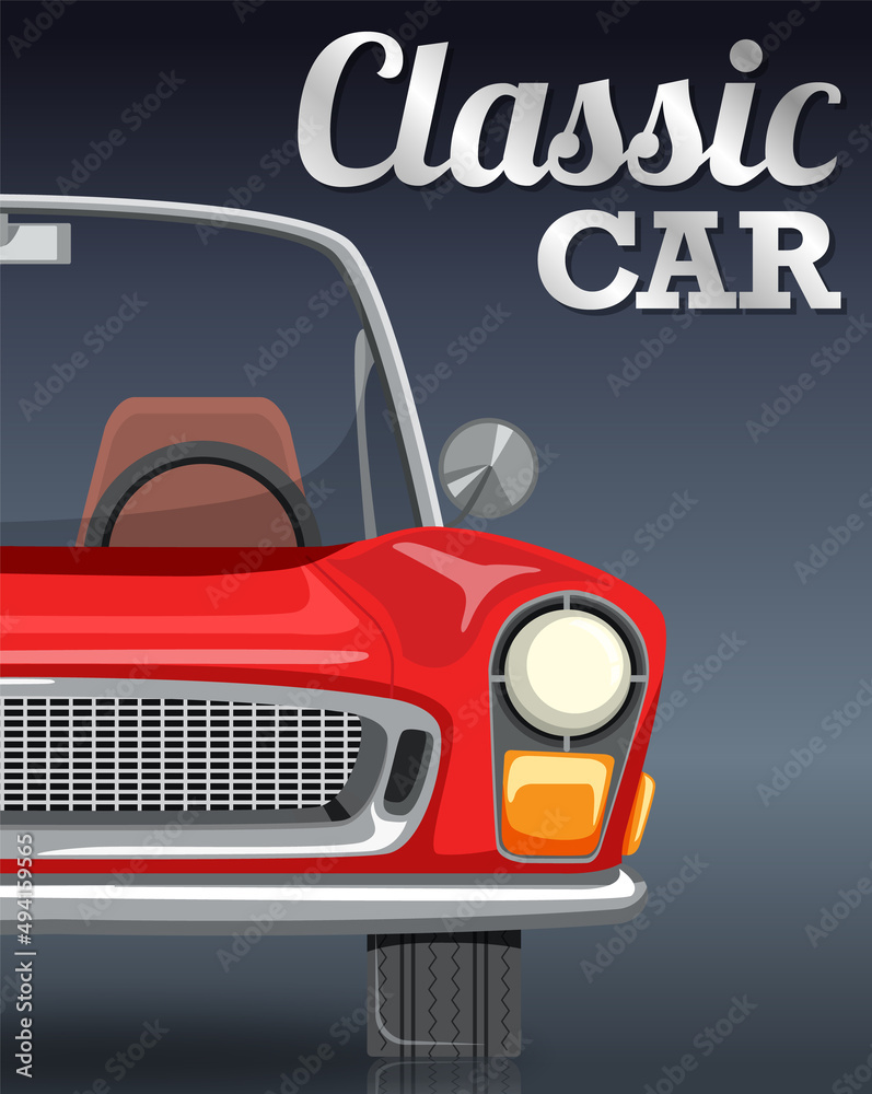 Classic car typography design with classic car on gray background