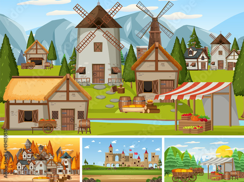 Set of different scene medieval